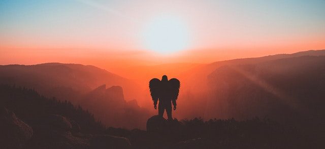 man with wings standing on mountain